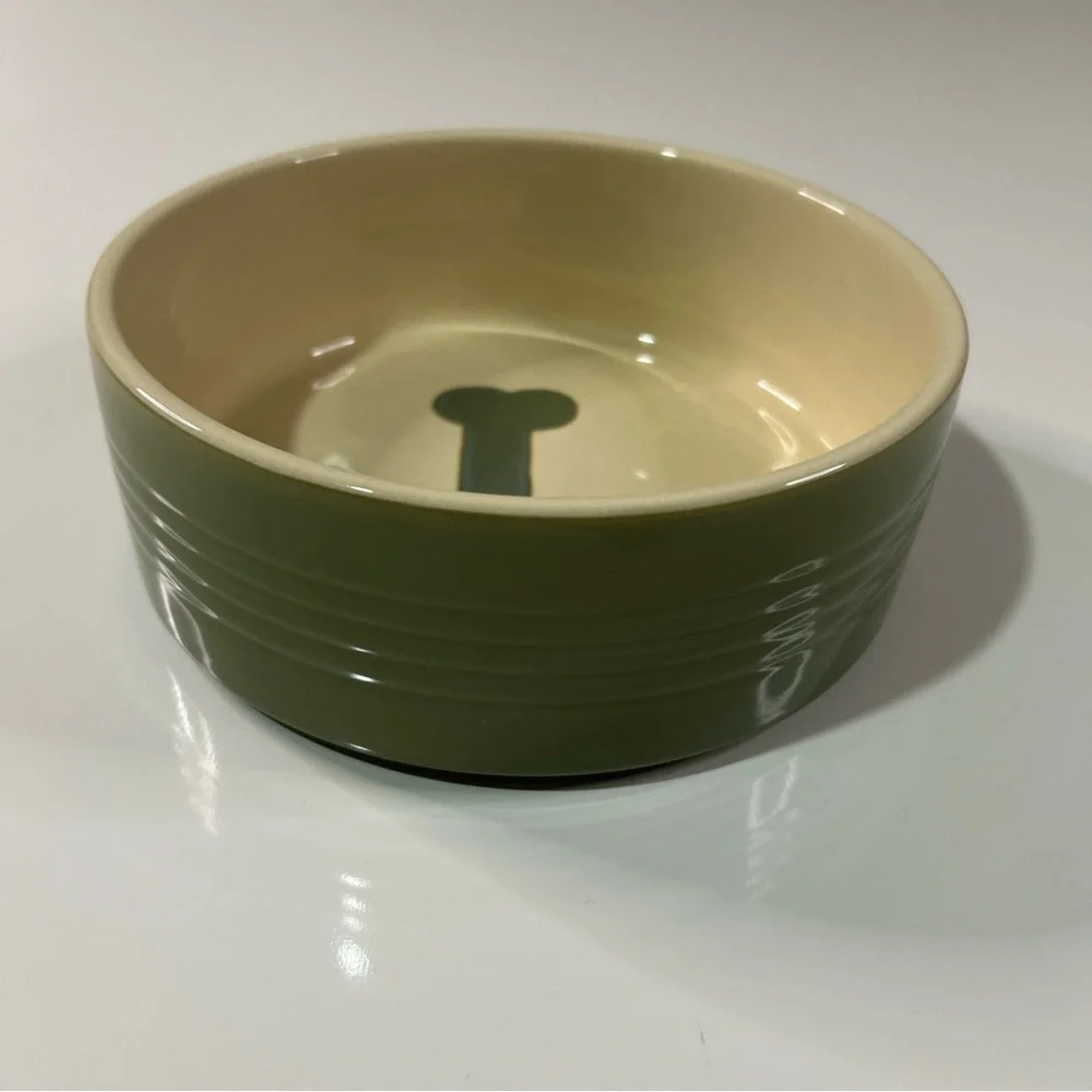 Petrageous Dog Pet Bowl Feeding Water Stoneware Green Ivory Dishwasher
